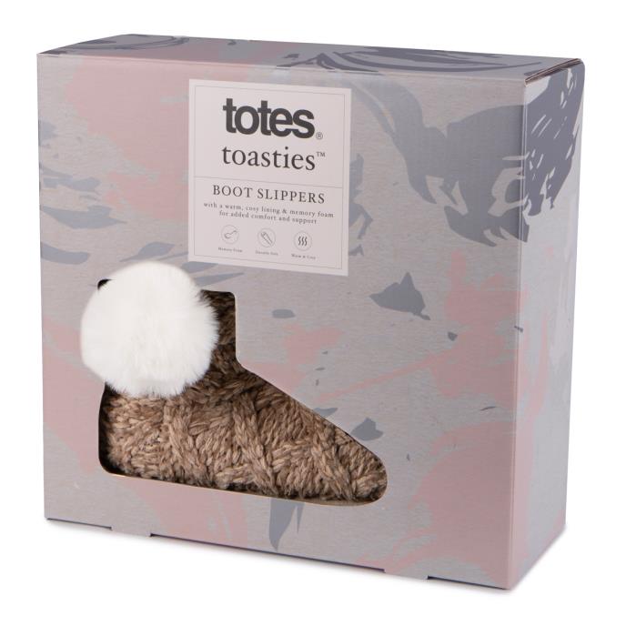 totes toasties® Ladies Cable Knit Boot Slippers With Pom Pom Brown Extra Image 1